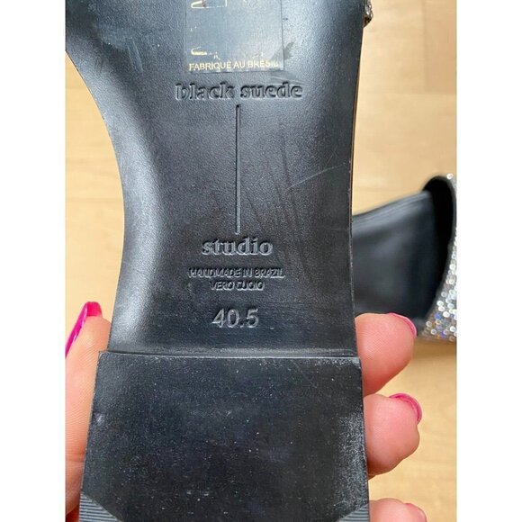 BLACK Suede Studio Women's Slides "Alexandra" Sandals Flats Stones - Picture 6 of 8